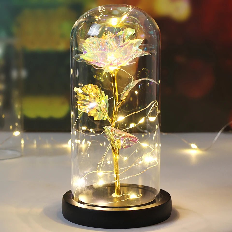 Preserved Rose In Glass Dome LED Light Romantic Flower Decoration