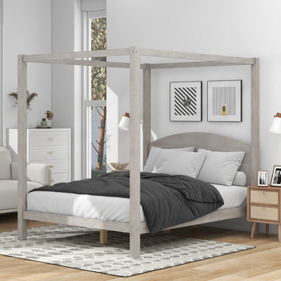 Queen Size Canopy Bed With Platform Support And Headboard