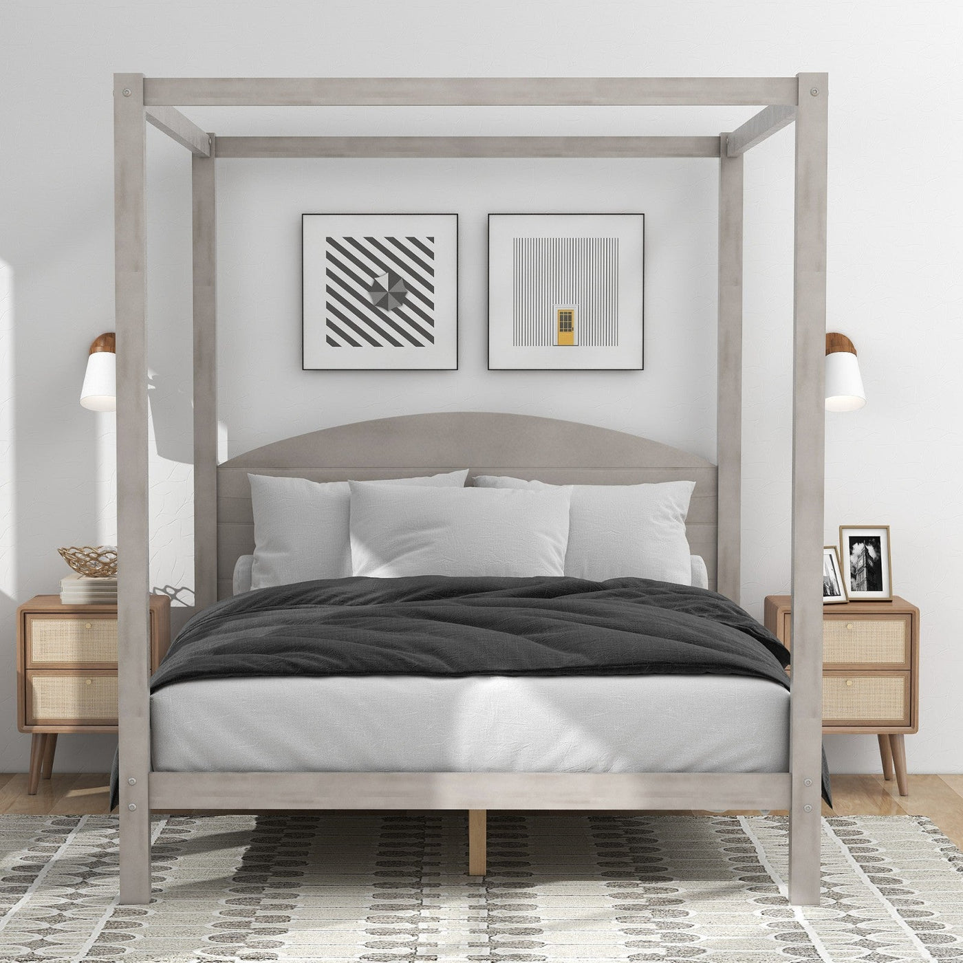 Queen Size Canopy Bed With Platform Support And Headboard