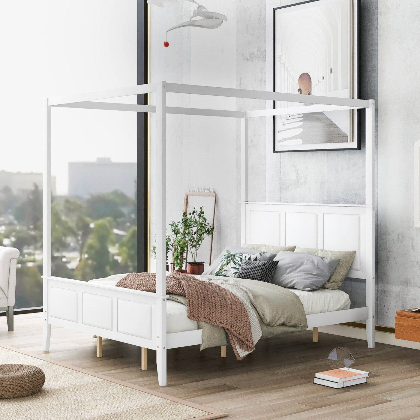 Queen Size Canopy Bed With Headboard Footboard And Slat Support Legs