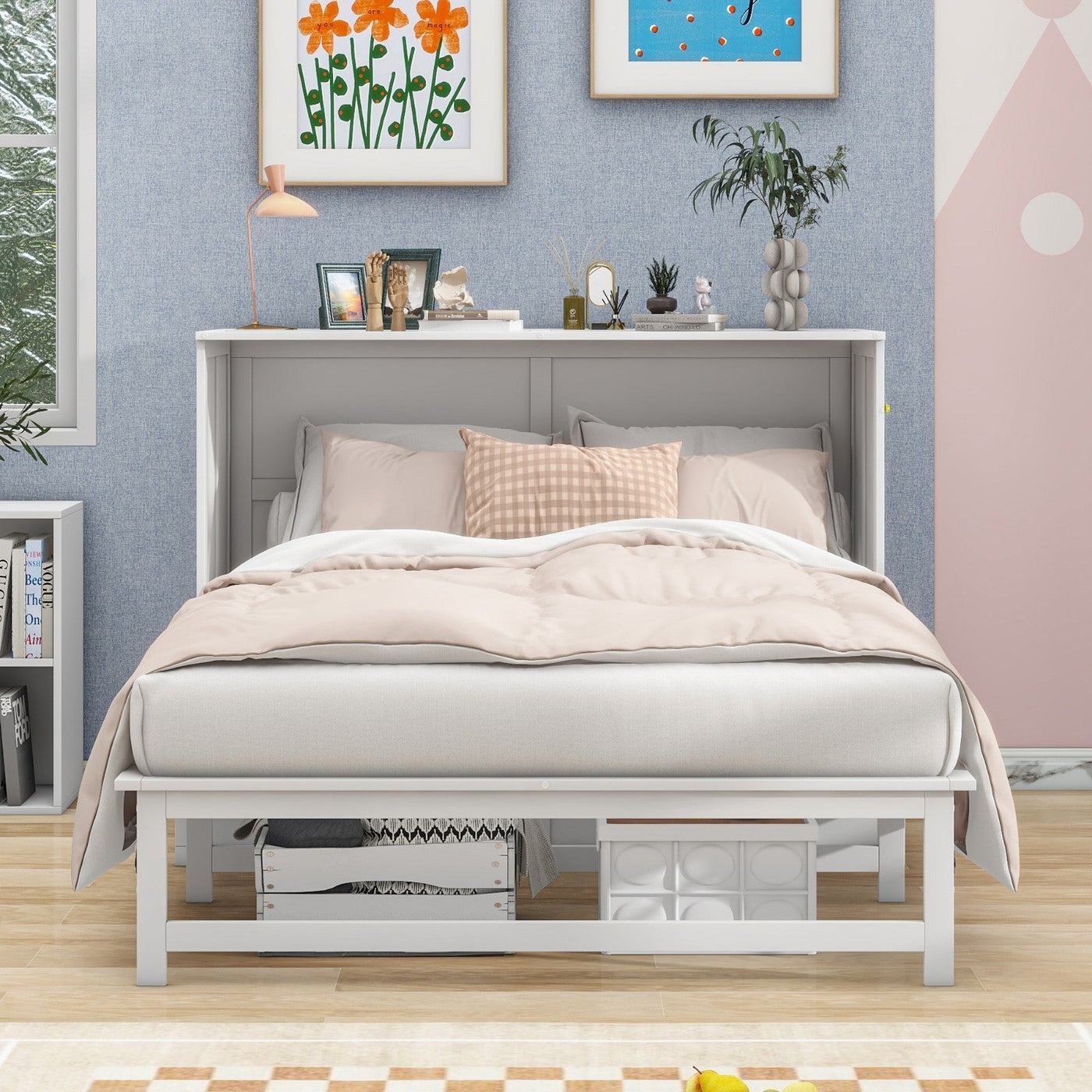 Queen Size Murphy Bed With Built-In Charging Station And Shelf Storage