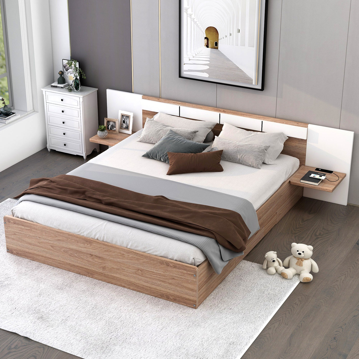 Queen Size Platform Bed With Headboard Drawers Shelves USB Ports