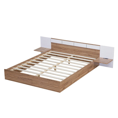 Queen-Size Platform Bed With Headboard Shelves USB Ports Sockets