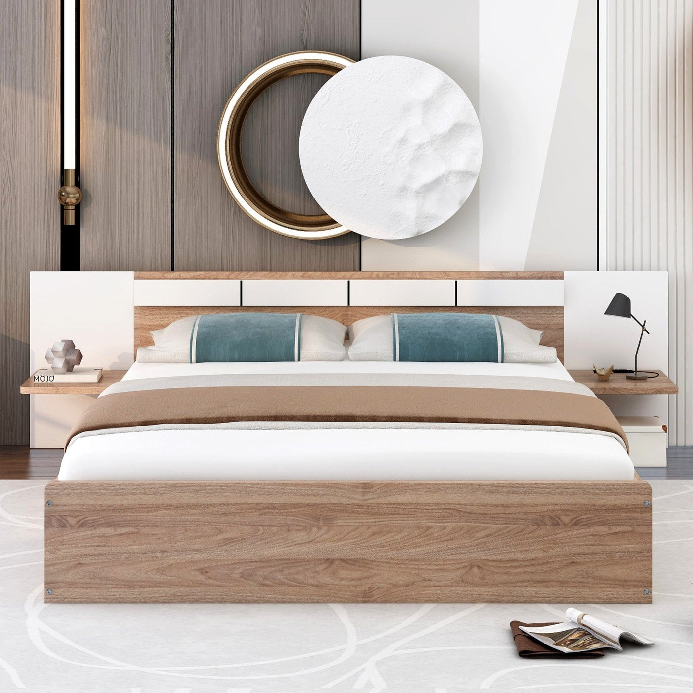 Queen-Size Platform Bed With Headboard Shelves USB Ports Sockets