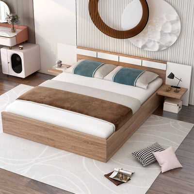 Queen-Size Platform Bed With Headboard Shelves USB Ports Sockets
