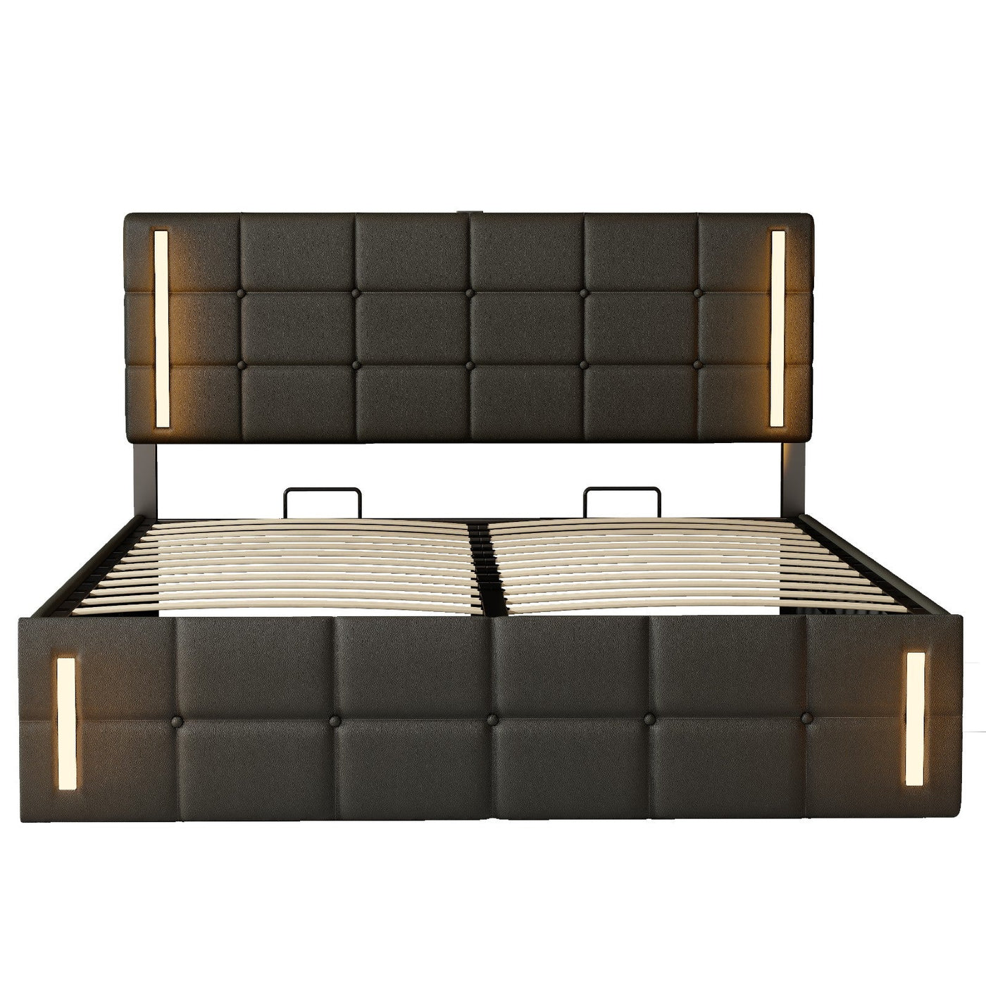 Queen Size Upholstered Bed With LED Lights Hydraulic Storage USB Charging