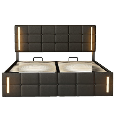 Queen Size Upholstered Bed With LED Lights Hydraulic Storage USB Charging