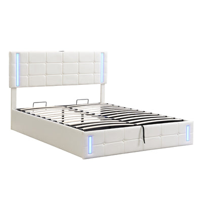 Queen Size Upholstered Bed With LED Lights Hydraulic Storage USB Charging