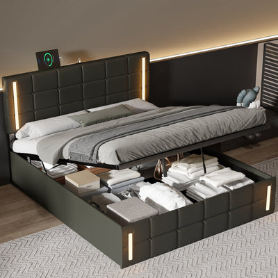 Queen Size Upholstered Bed With LED Lights Hydraulic Storage USB Charging