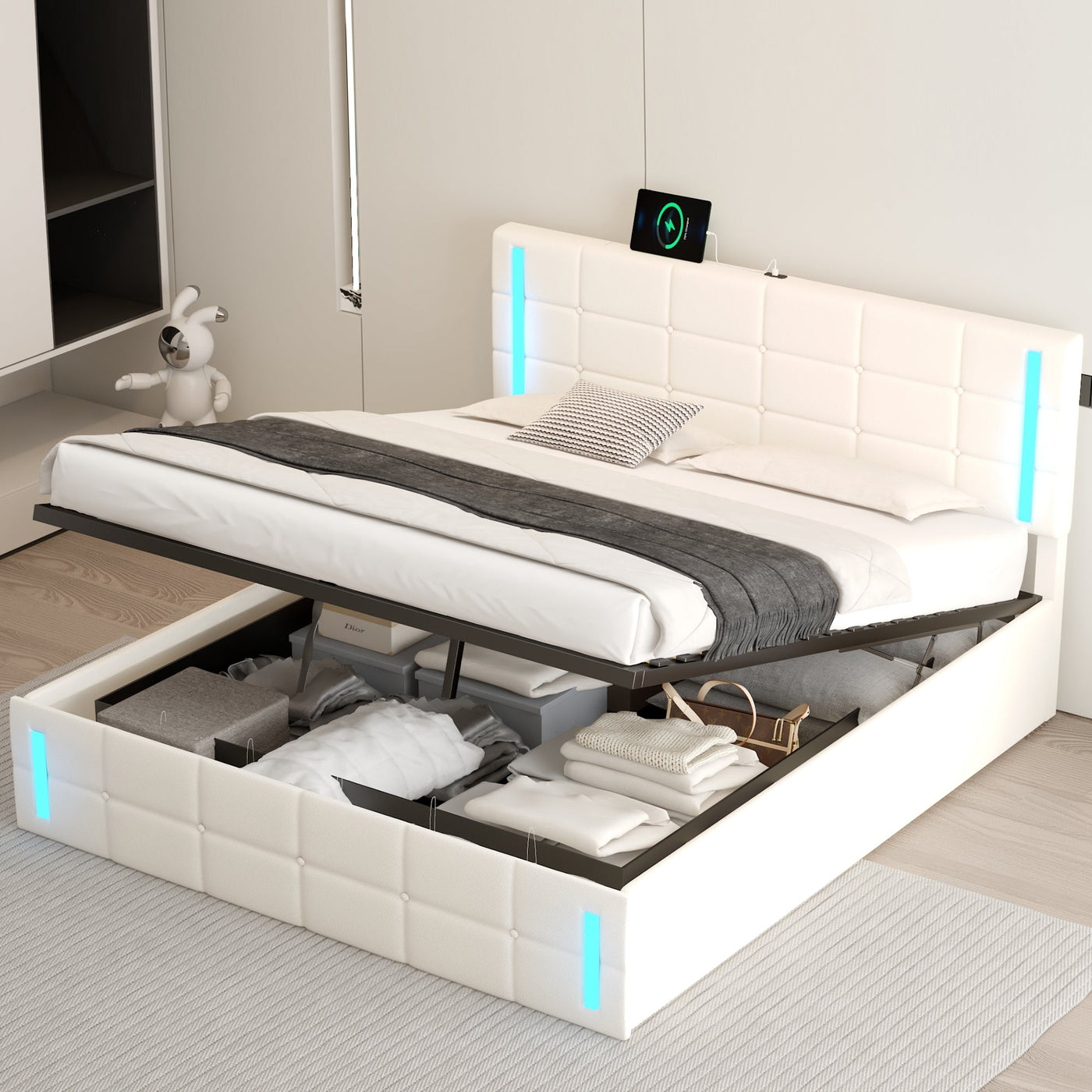 Queen Size Upholstered Bed With LED Lights Hydraulic Storage USB Charging