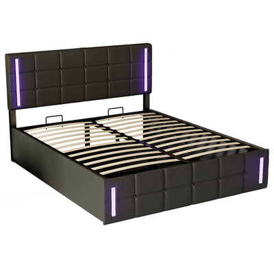 Queen Size Upholstered Bed With LED Lights Hydraulic Storage USB Charging