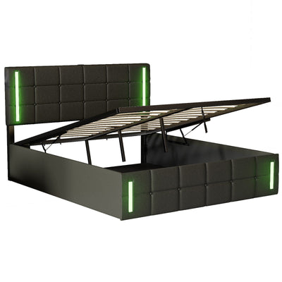 Queen Size Upholstered Bed With LED Lights Hydraulic Storage USB Charging