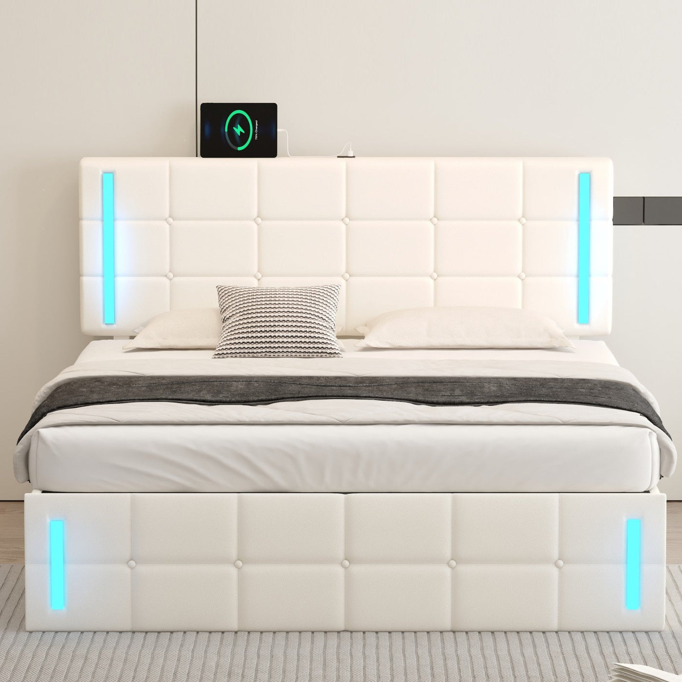 Queen Size Upholstered Bed With LED Lights Hydraulic Storage USB Charging