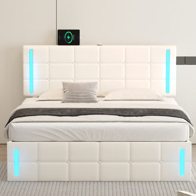 Queen Size Upholstered Bed With LED Lights Hydraulic Storage USB Charging