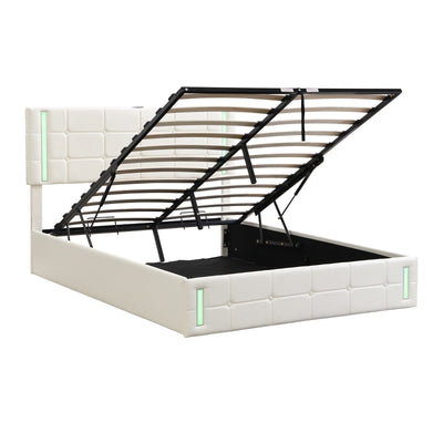 Queen Size Upholstered Bed With LED Lights Hydraulic Storage USB Charging