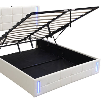 Queen Size Upholstered Bed With LED Lights Hydraulic Storage USB Charging