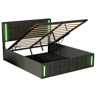 Queen Size Upholstered Bed With LED Lights Hydraulic Storage USB Charging