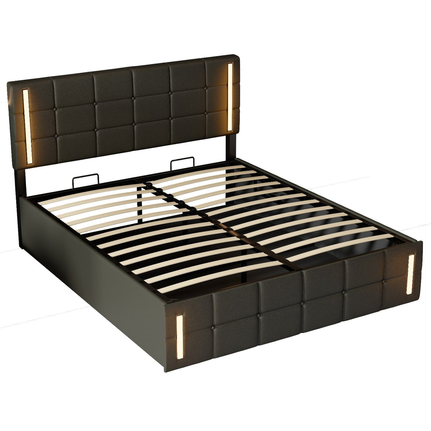 Queen Size Upholstered Bed With LED Lights Hydraulic Storage USB Charging