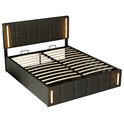 Queen Size Upholstered Bed With LED Lights Hydraulic Storage USB Charging