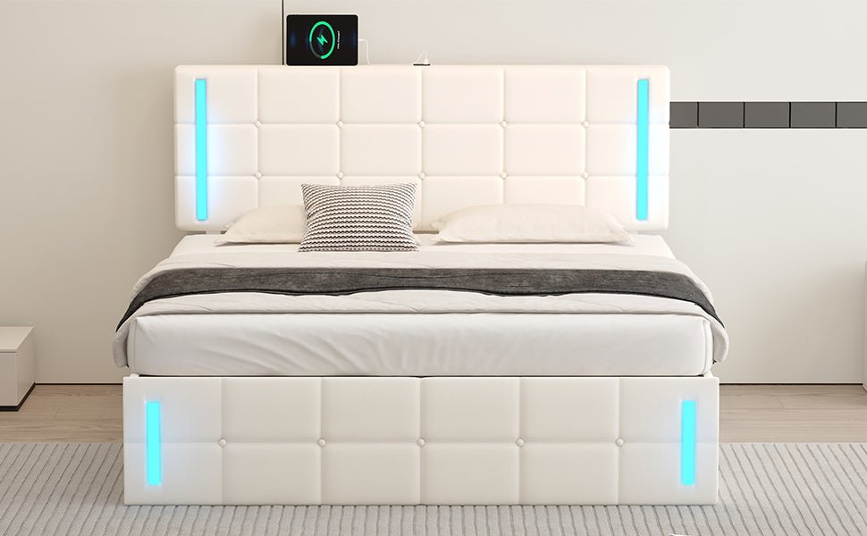 Queen Size Upholstered Bed With LED Lights Hydraulic Storage USB Charging