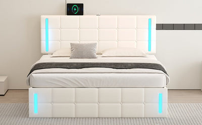 Queen Size Upholstered Bed With LED Lights Hydraulic Storage USB Charging