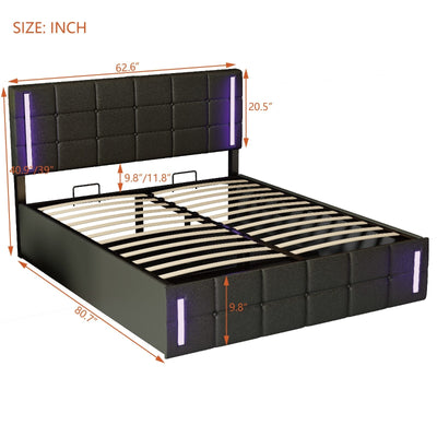 Queen Size Upholstered Bed With LED Lights Hydraulic Storage USB Charging