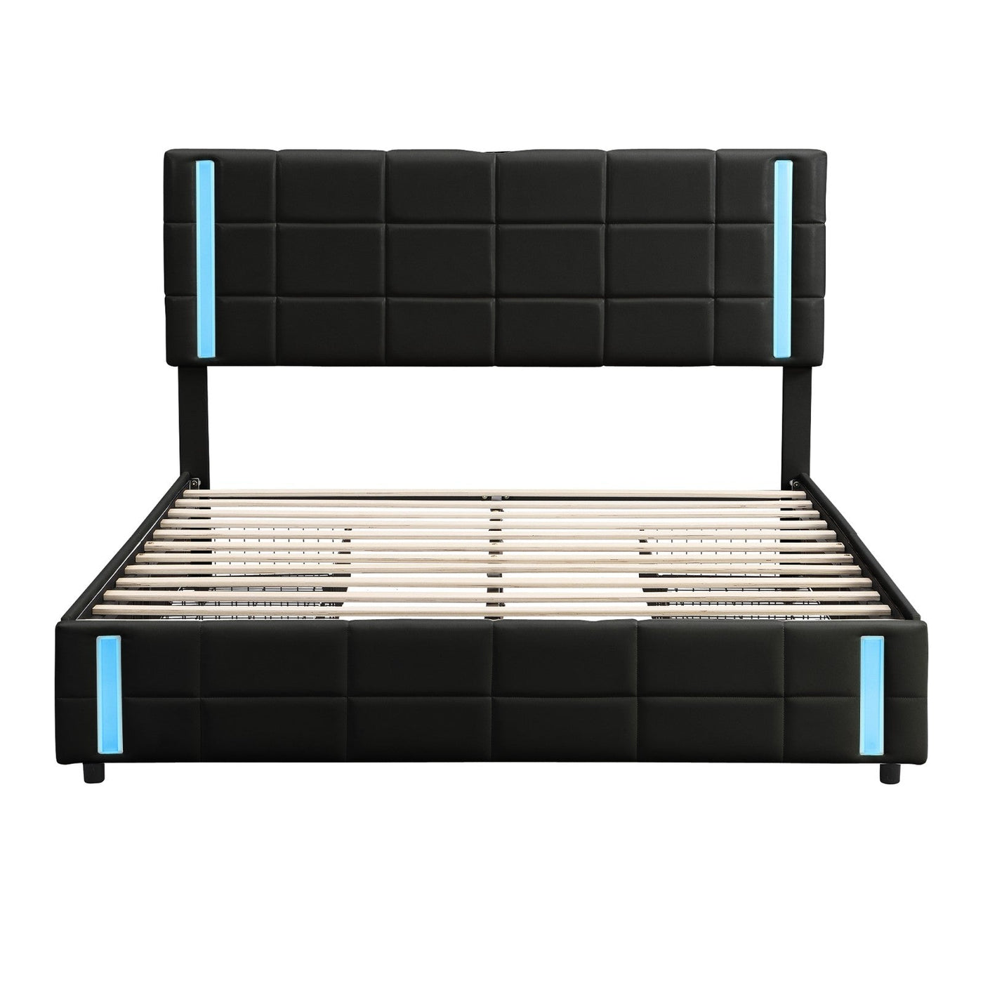Queen Size Upholstered Platform Bed With LED Lights And Storage Drawers