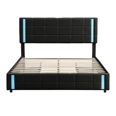 Queen Size Upholstered Platform Bed With LED Lights And Storage Drawers