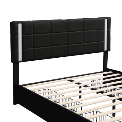Queen Size Upholstered Platform Bed With LED Lights And Storage Drawers