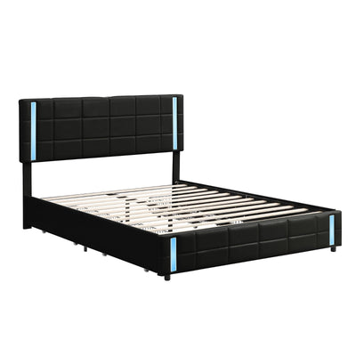 Queen Size Upholstered Platform Bed With LED Lights And Storage Drawers
