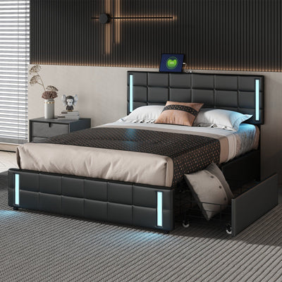 Queen Size Upholstered Platform Bed With LED Lights And Storage Drawers
