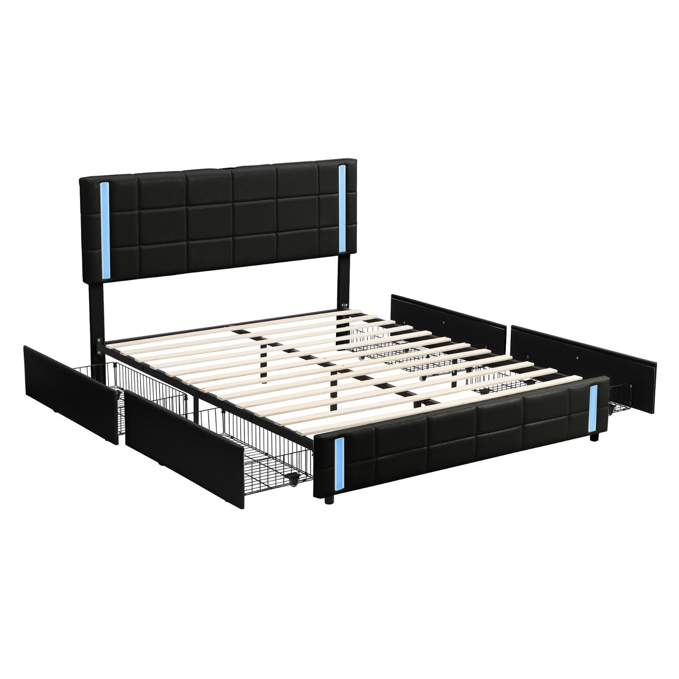 Queen Size Upholstered Platform Bed With LED Lights And Storage Drawers