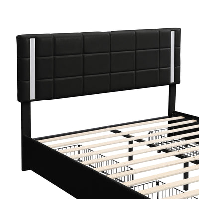 Queen Size Upholstered Platform Bed With LED Lights And Storage Drawers