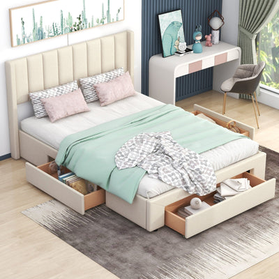 Queen Size Upholstered Platform Bed With Large Footboard And Side Drawers