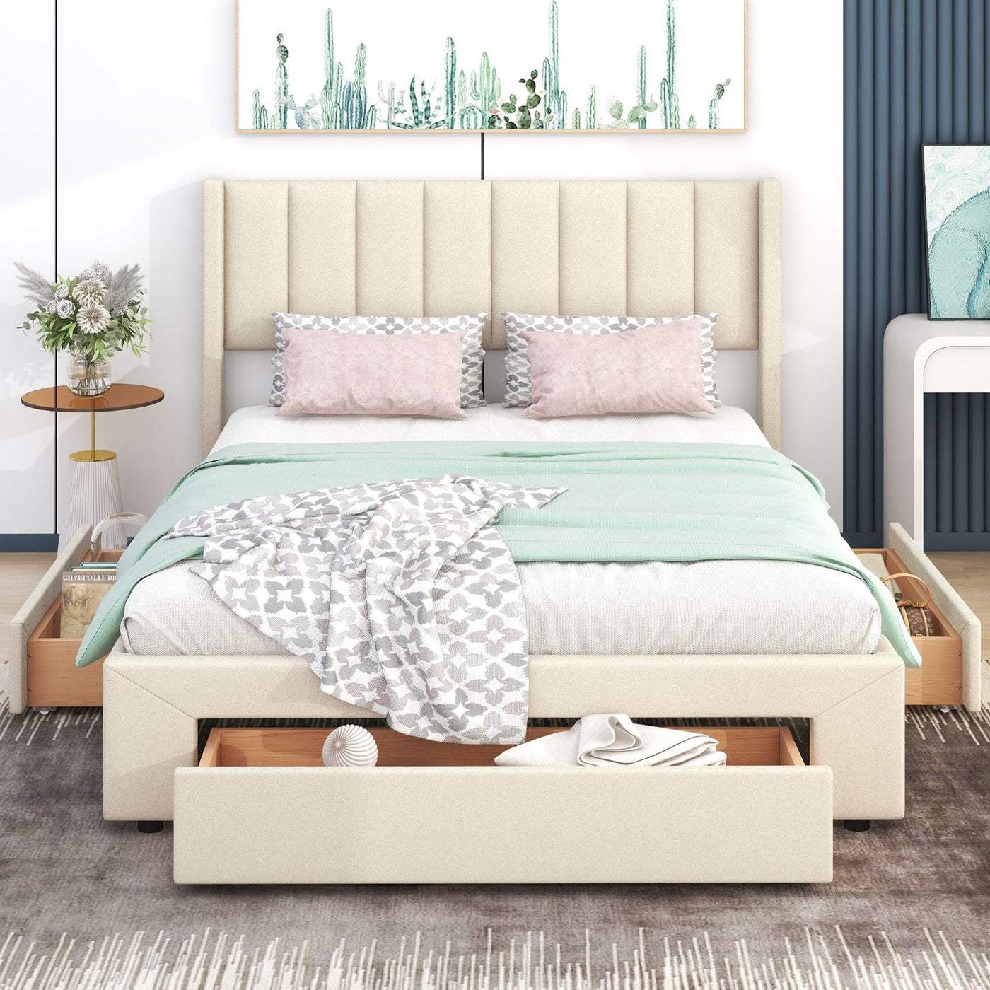 Queen Size Upholstered Platform Bed With Large Footboard And Side Drawers
