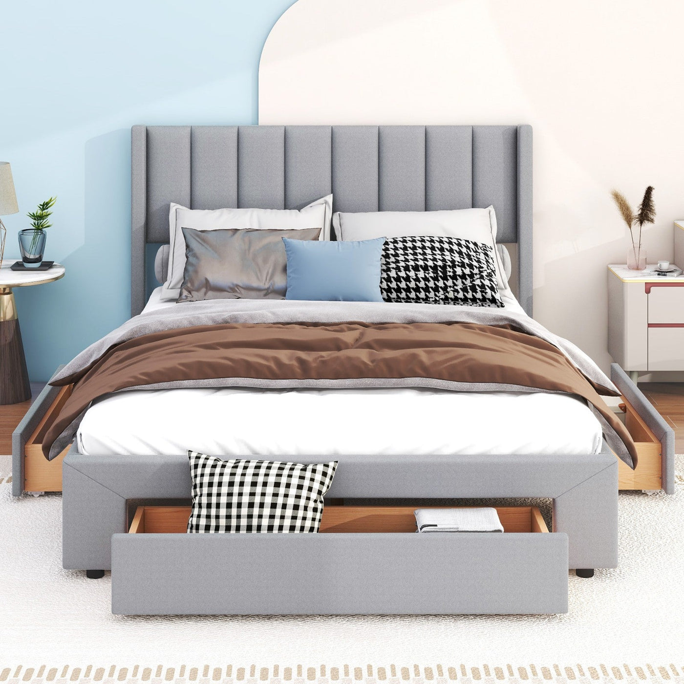 Queen Size Upholstered Platform Bed With Large Footboard And Side Drawers