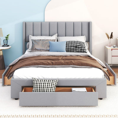 Queen Size Upholstered Platform Bed With Large Footboard And Side Drawers