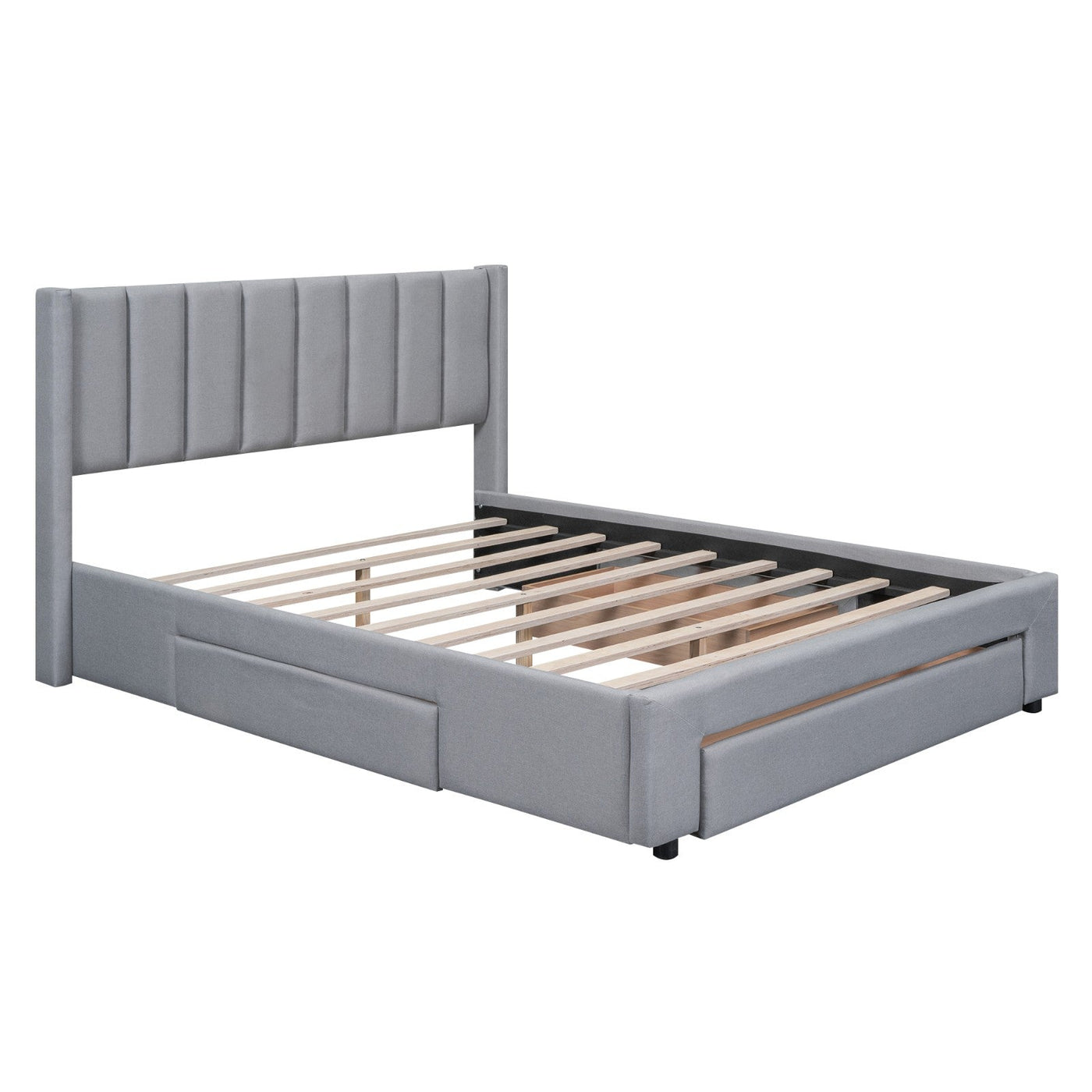 Queen Size Upholstered Platform Bed With Large Footboard And Side Drawers