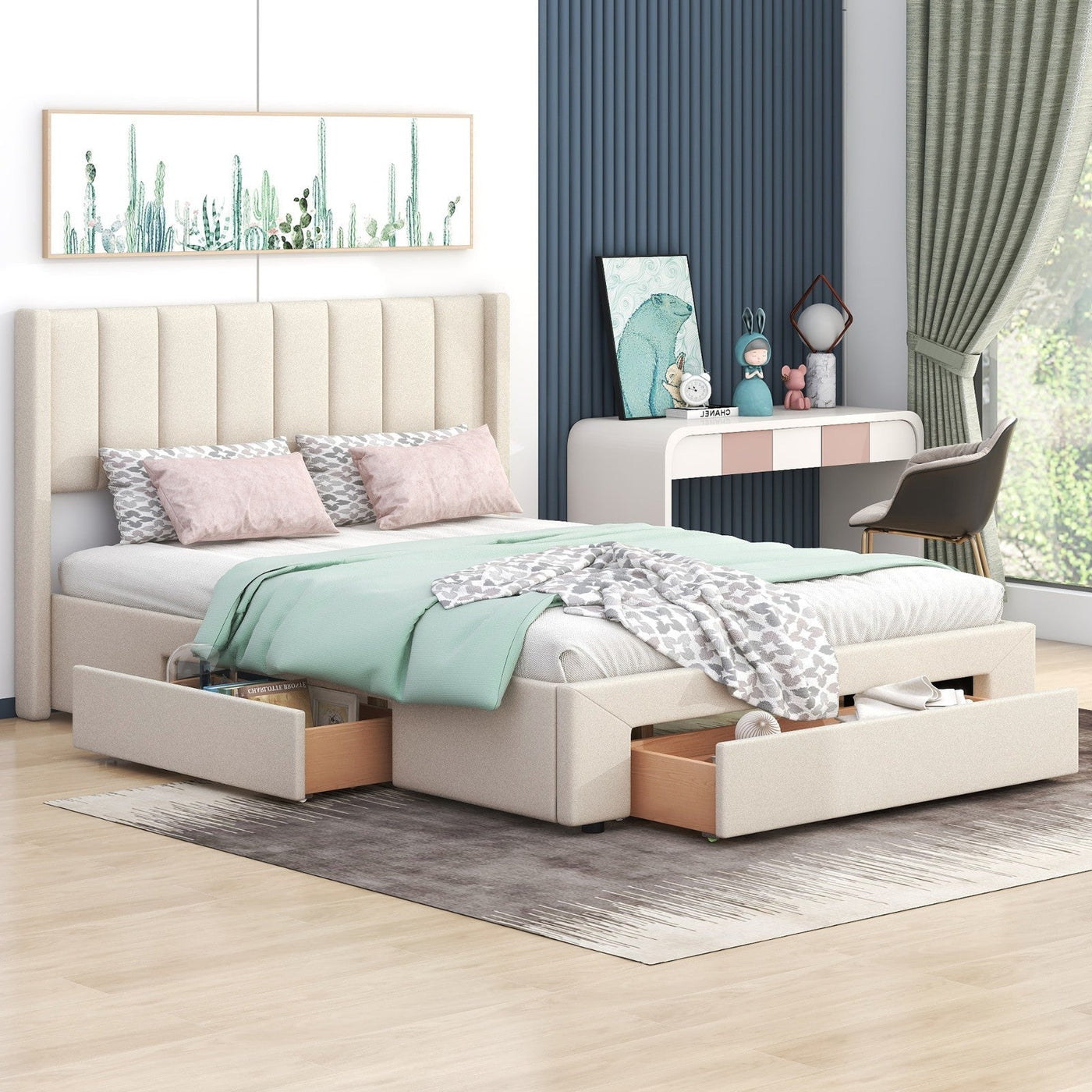 Queen Size Upholstered Platform Bed With Large Footboard And Side Drawers