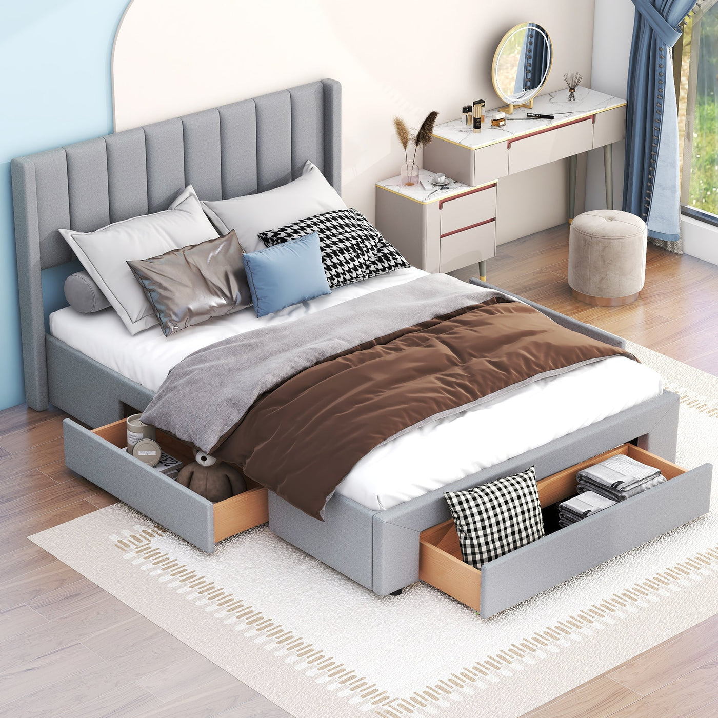 Queen Size Upholstered Platform Bed With Large Footboard And Side Drawers