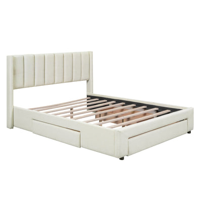 Queen Size Upholstered Platform Bed With Large Footboard And Side Drawers