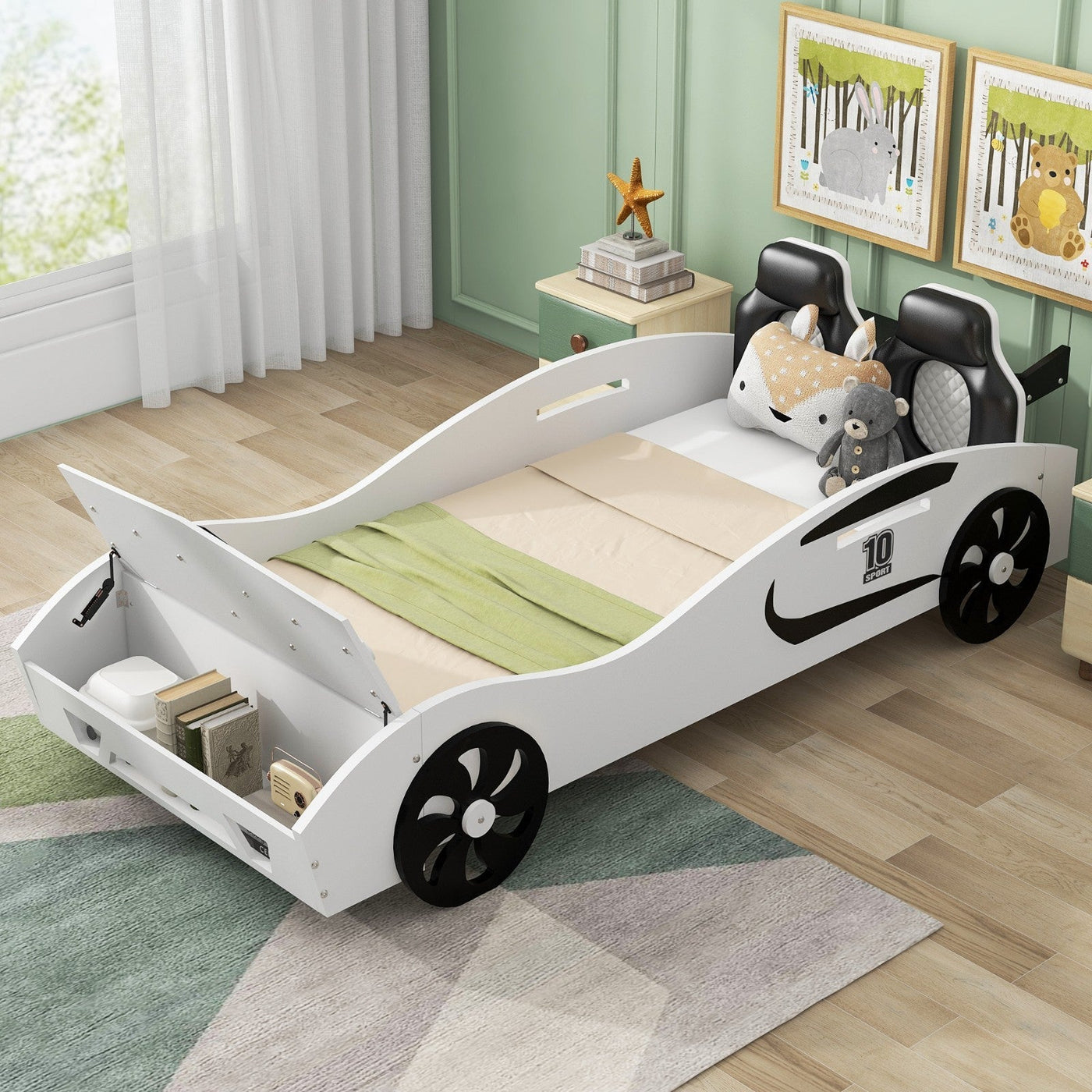 Race Car Twin Bed With Upholstered Backrest And Storage Platform