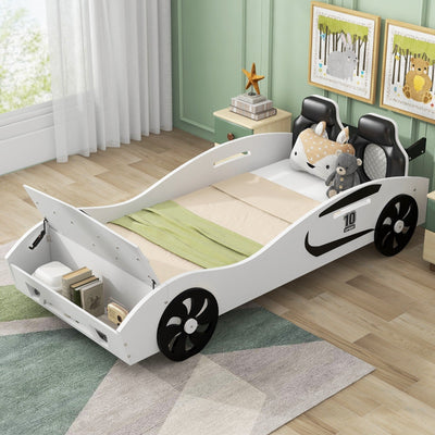 Race Car Twin Bed With Upholstered Backrest And Storage Platform