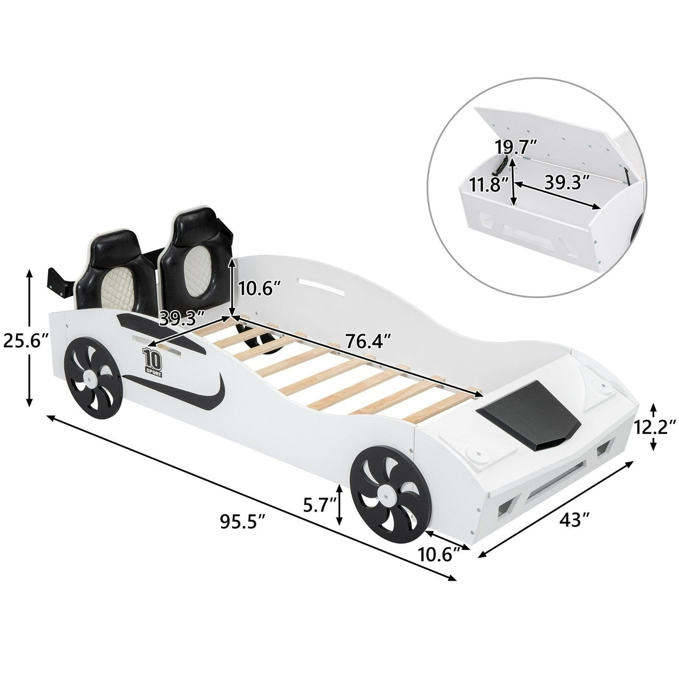 Race Car Twin Bed With Upholstered Backrest And Storage Platform