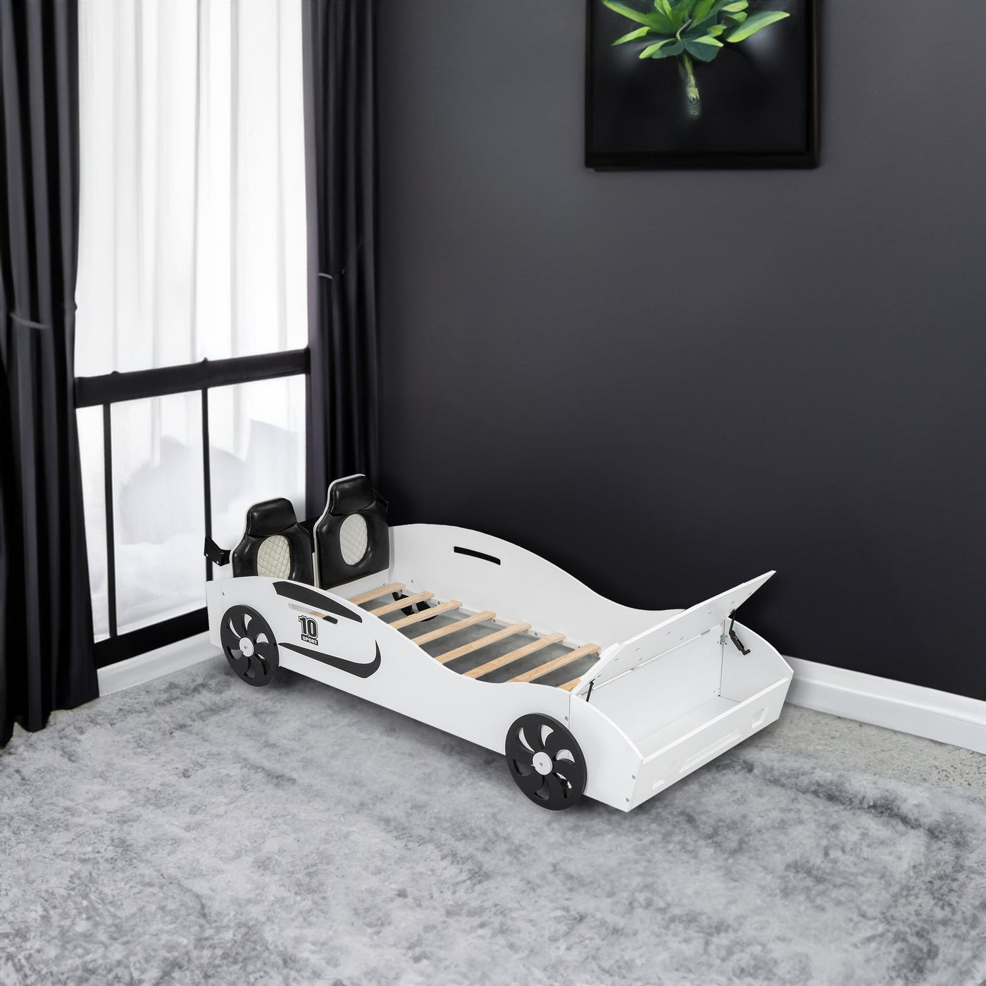 Race Car Twin Bed With Upholstered Backrest And Storage Platform