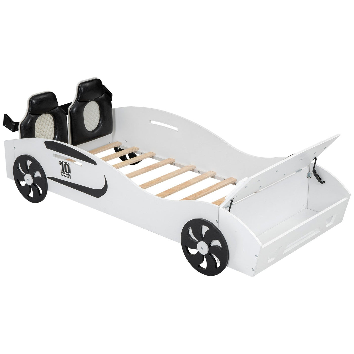 Race Car Twin Bed With Upholstered Backrest And Storage Platform