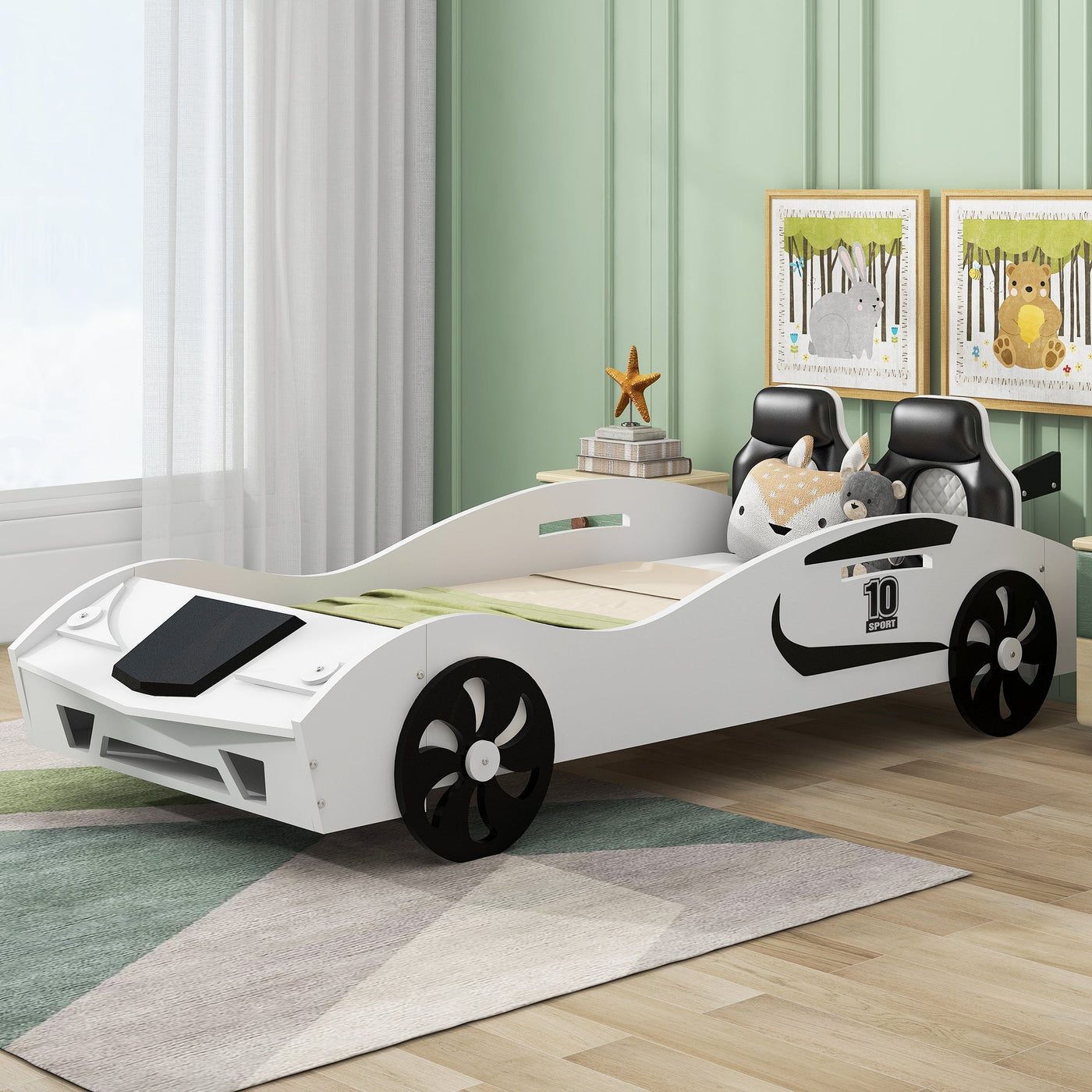 Race Car Twin Bed With Upholstered Backrest And Storage Platform