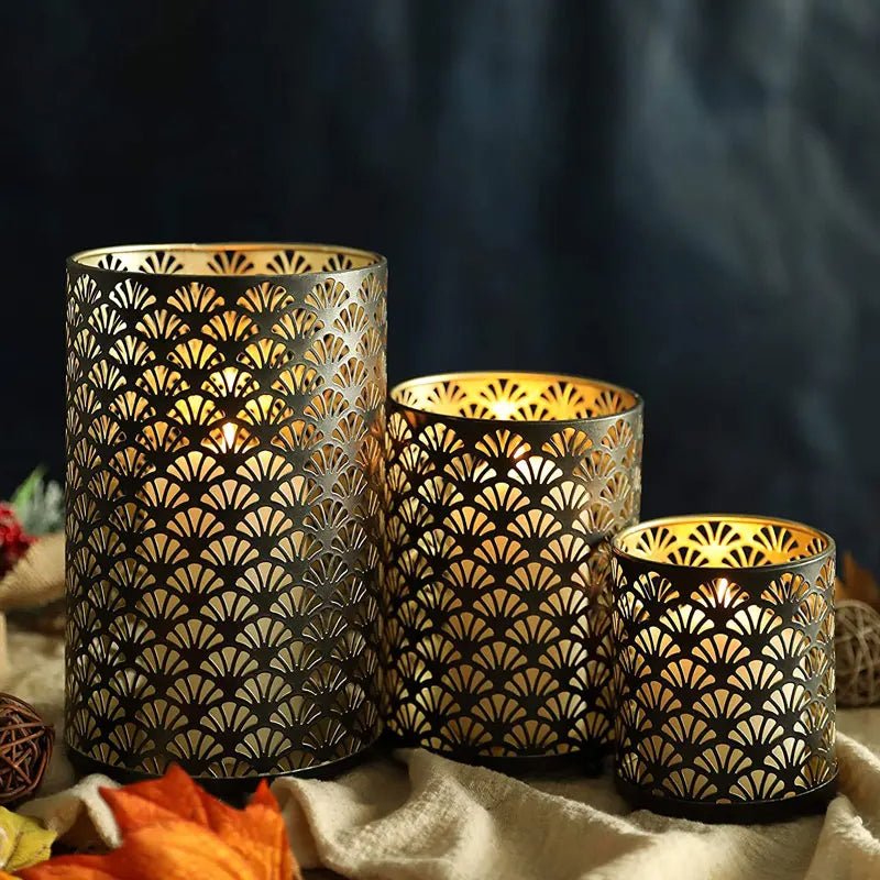 Retro Metal Candle Holders Set 3 Pieces Fan Pattern For Home Decor