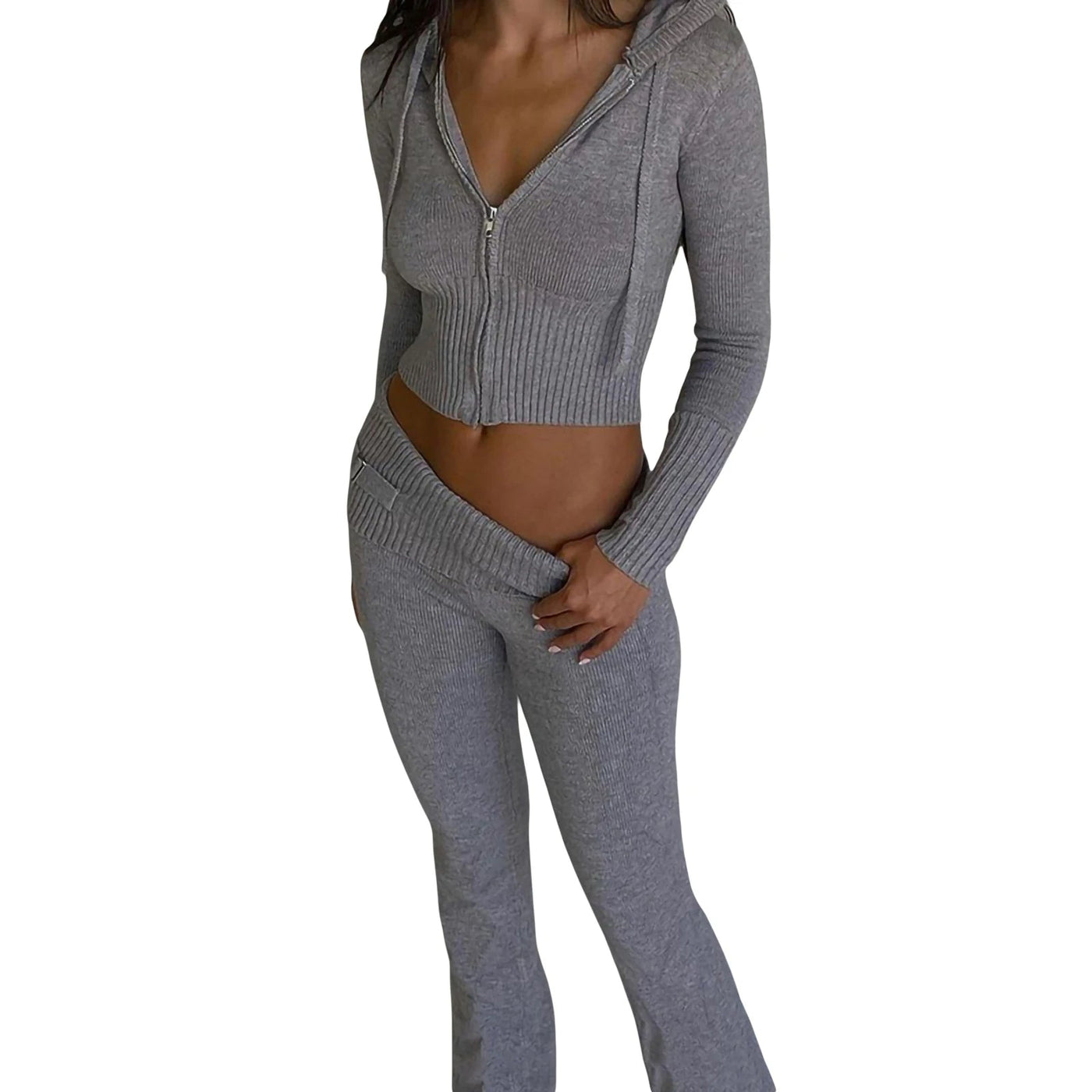 Ribbed Knit Lounge Set For Women Zip Hoodie And Wide-Leg Pants