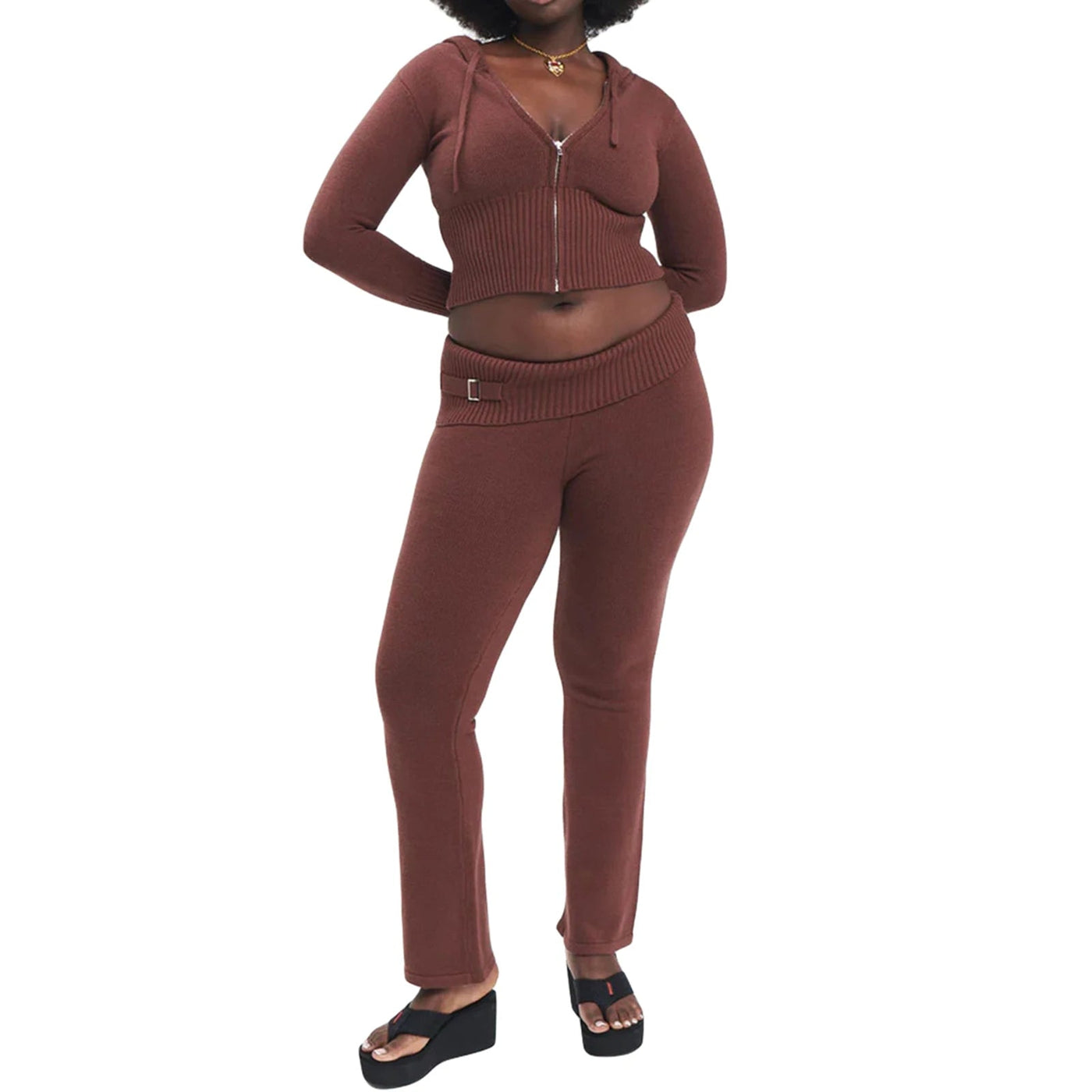 Ribbed Knit Lounge Set For Women Zip Hoodie And Wide-Leg Pants